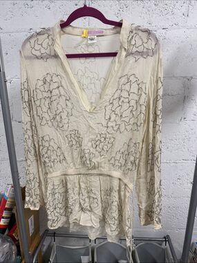 MONIQUE LESHMAN  Ivory Sheer Floral Embroidered Dress Size Medium